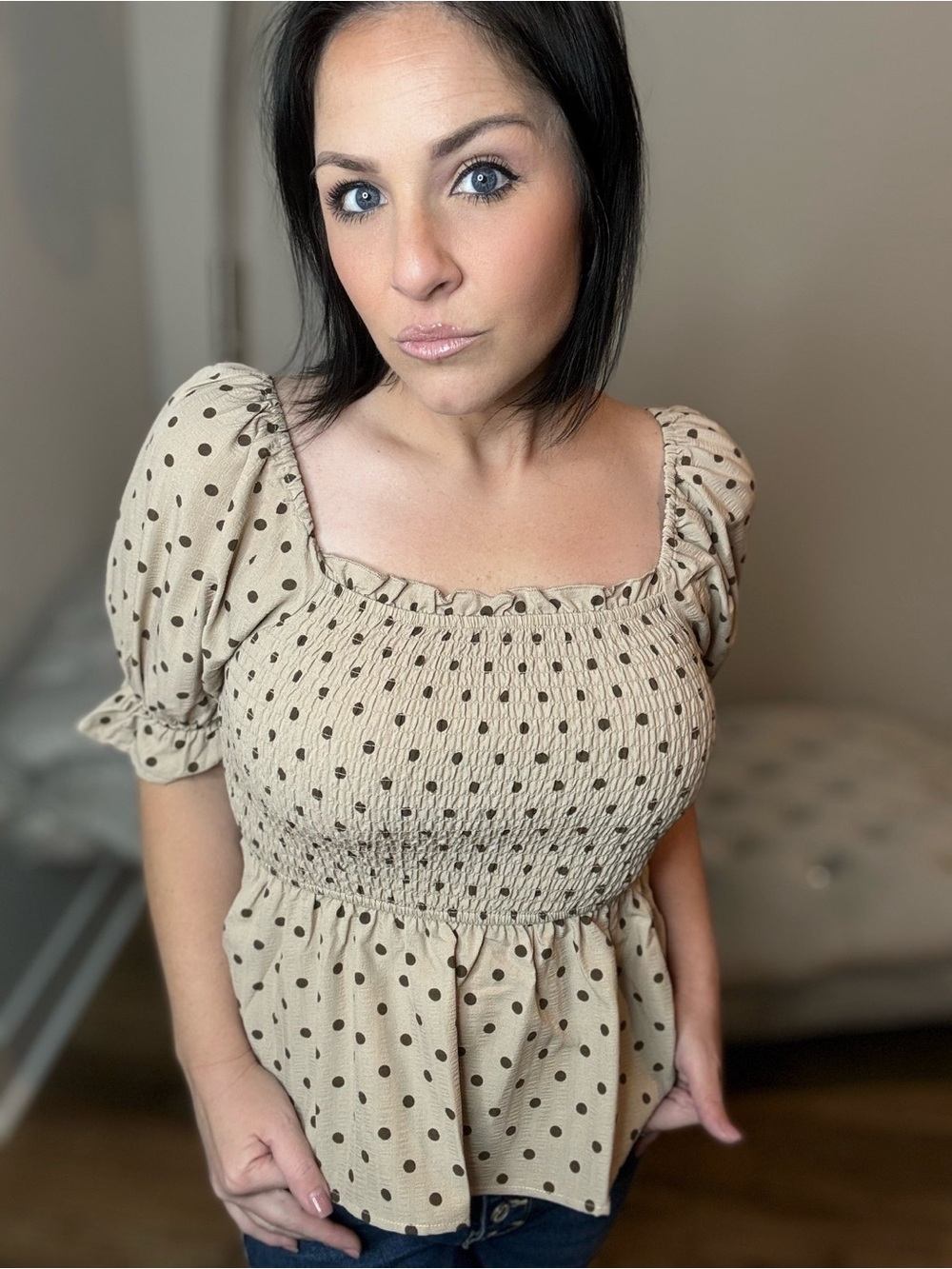 XL White Birch Beige Polka Dot Smocked Peasant Top